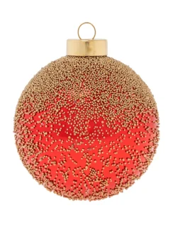 Gold Beaded Red Ball Ornament